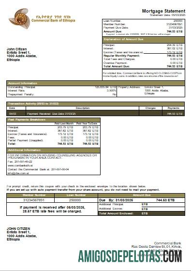 Declaração de hipoteca do banco comercial da Etiópia Scr exemplo